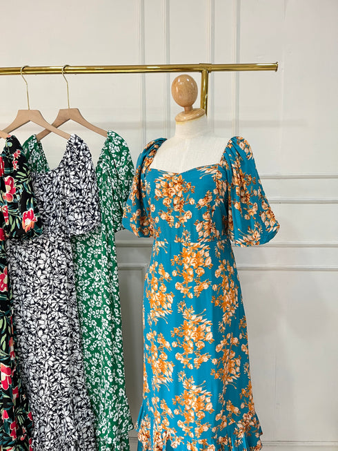 Summer Floral Puffer Sleeves Long Tiered Maxi Dress